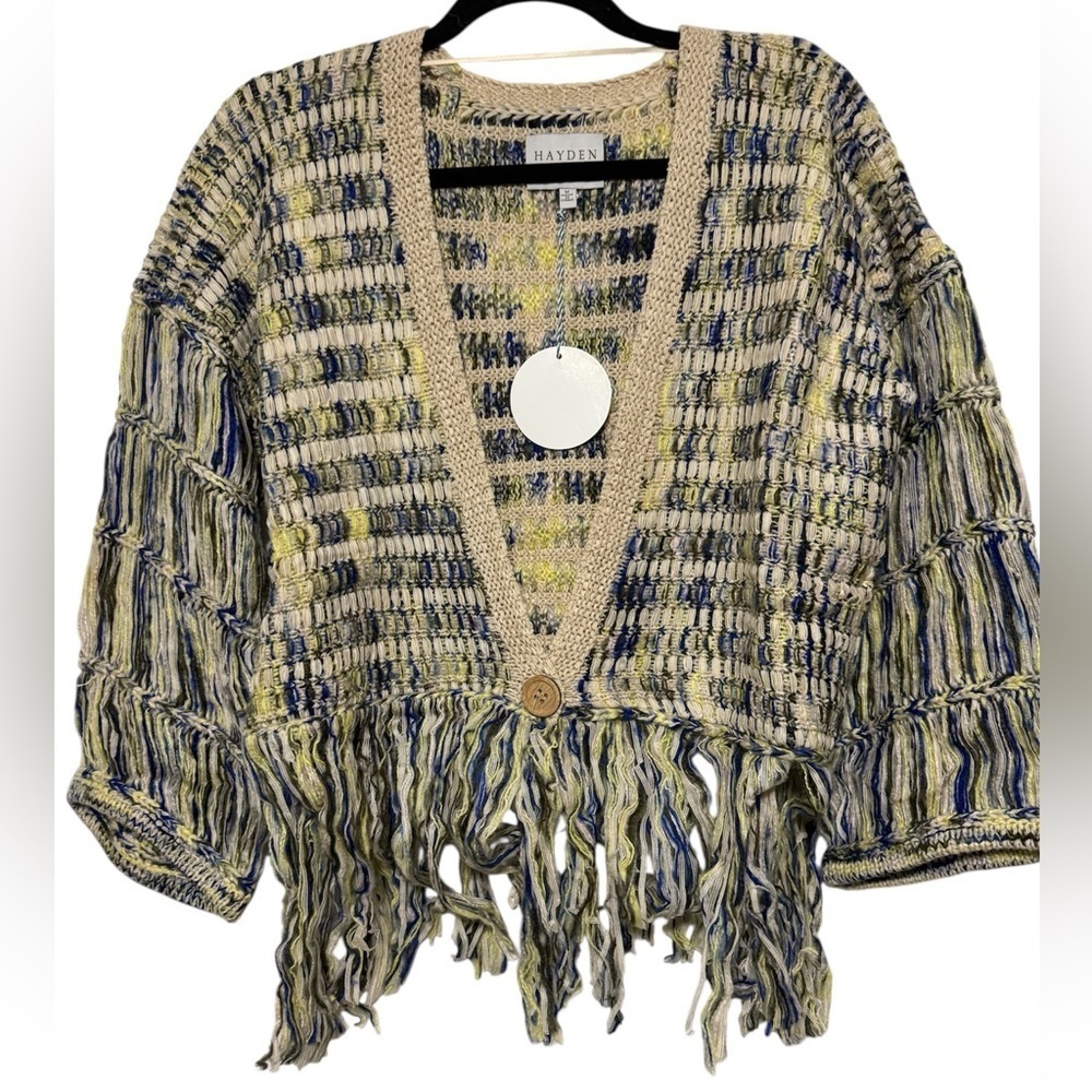 Hayden Los Angeles Women's Blue and Cream Fringe Boho Cardigan Sz M